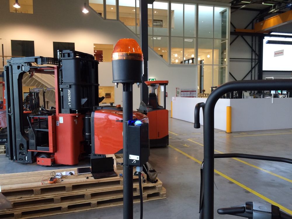 Order-picker safety system on the warehouse floor, live test setup.